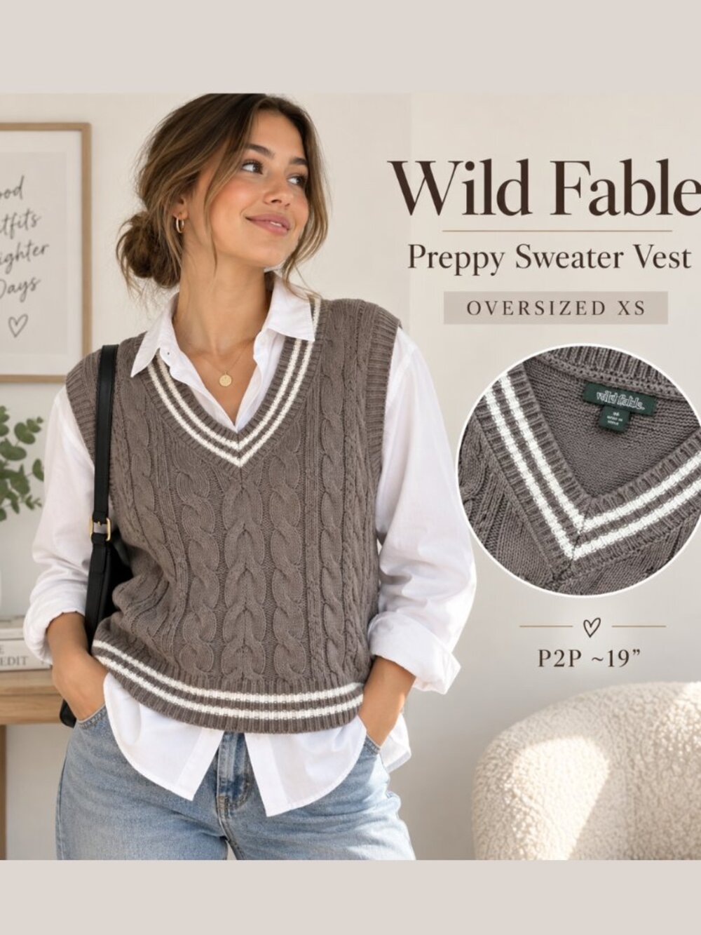Wild Fable Oversized Cable Knit Sweater Vest XS Preppy Collegiate